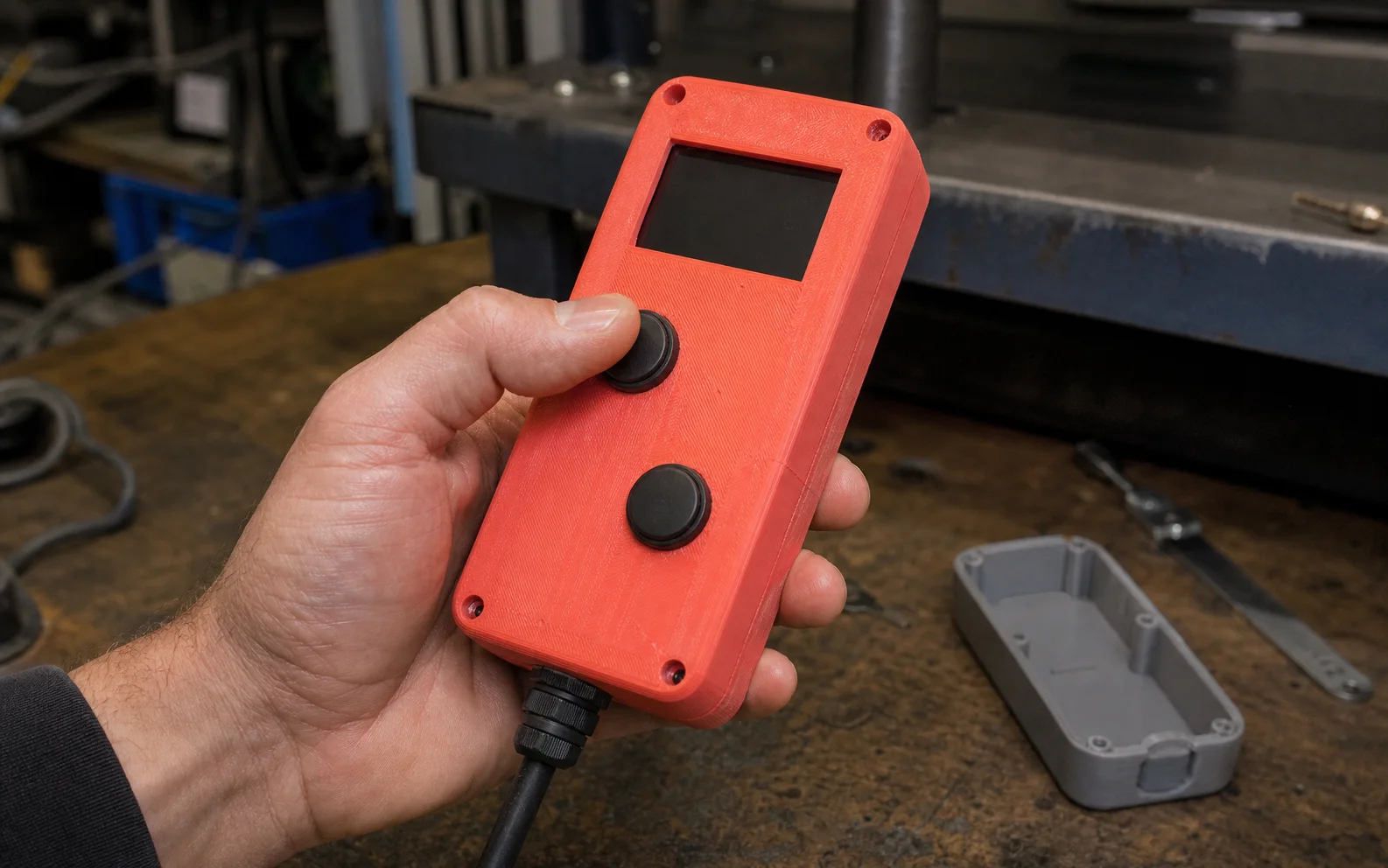 Technician evaluating the grip and controls of a printed handheld control enclosure